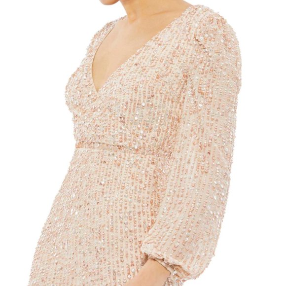 MAC DUGGAL 10764 BLOUSON SLEEVE SEQUINED SURPLICE NUDE MIDI DRESS sz 8 - Picture 3 of 4